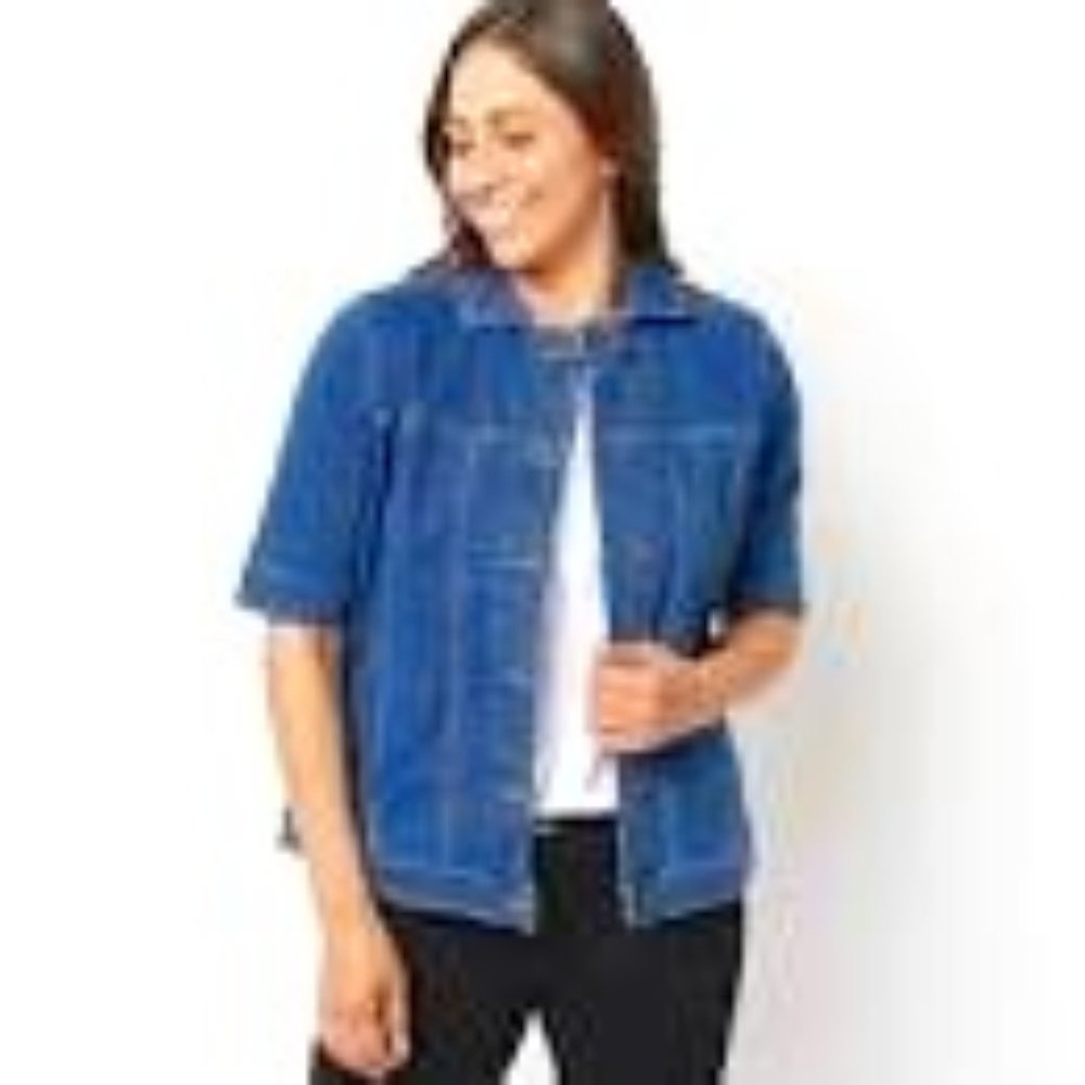 Denim & Co.2XL Easy Stretch Elbow Sleeve Denim Jacket Medium Wash New